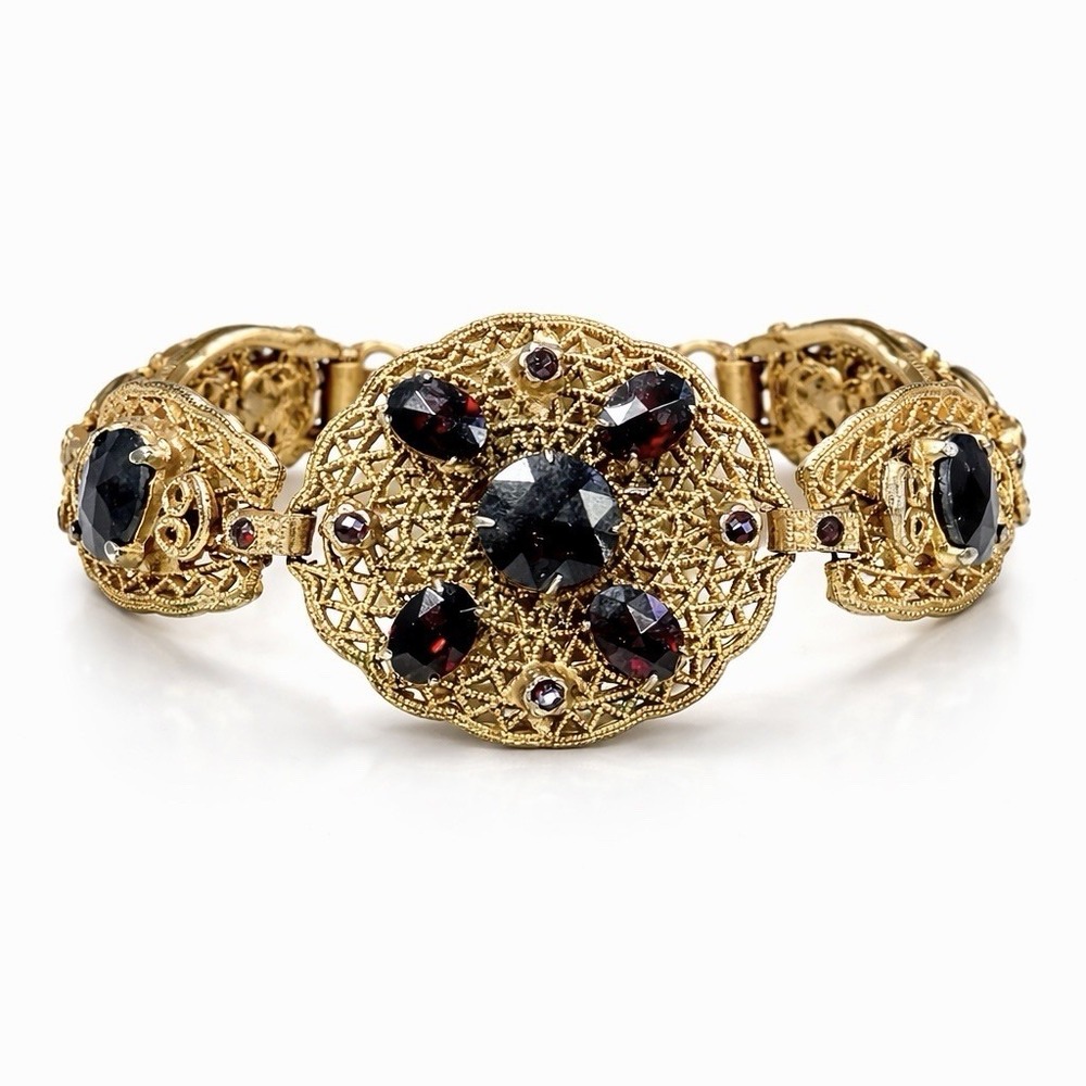 Antique Gold Tone Filigree Garnet Glass Bracelet Art Deco Victorian Revival 7"